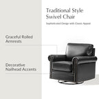 HULALA HOME Swivel Accent Chair Genuine Leather Barrel Rocker Chair with Metal Base Transitional Armchair Padded Round Armrest, Black
