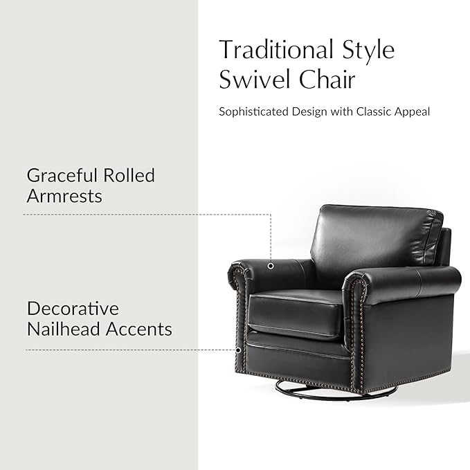 HULALA HOME Swivel Accent Chair Genuine Leather Barrel Rocker Chair with Metal Base Transitional Armchair Padded Round Armrest, Black