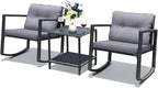 COSTWAY 3 Pieces Patio Rattan Rocking Chair Set, Outdoor Conversation Furniture Sets with Coffee Table, Storage Shelf and Cushions, Modern Bistro Set for Porch, Backyard, Garden, Gray