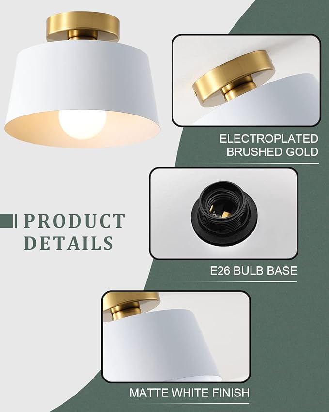 Ceiling Light Fixture, Hallway Ceiling Light with Gold Plate and White Shade, Modern Simple Style Porch Light Fixtures Semi Flush Mount (3 Pack White)
