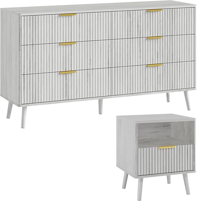 LYNSOM Fluted Dresser and Nightstand Sets 2 Piece, 1-Drawer Nightstands and 6-Drawers Dresser, Wood Bedroom Furniture Set for Home, Bedroom, Hallway, White