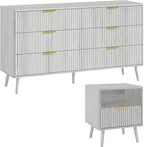 LYNSOM Fluted Dresser and Nightstand Sets 2 Piece, 1-Drawer Nightstands and 6-Drawers Dresser, Wood Bedroom Furniture Set for Home, Bedroom, Hallway, White