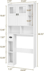 Vabches Over The Toilet Storage Cabinet, Bathroom Shelf Over Toilet with Glass Doors and Adjustable Shelves, White Freestanding Home Space Save Toilet Rack for Restroom, Bathroom, Laundry