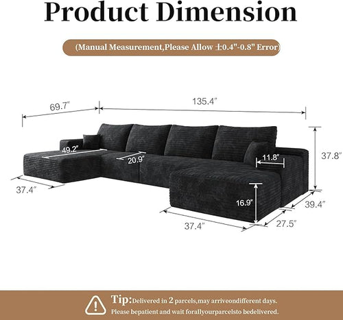 135.4" Large Cloud Modular Sectional Couch with Ottoman, Minimalist Upholstered Couches, Comfort U Shaped Sofa for Living Room,Deep Seat Corner Couch，No Assembly Required (Black,Left Facing Chaise)