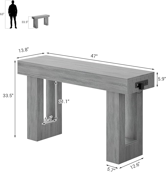 Unikito 47" Entryway Table with Socket and Sensor Light, Narrow Console Table with Storage Behind Couch, Farmhouse Entry Way Tables with Open Storage for Entrance/Hallway/Living Room, White Oak