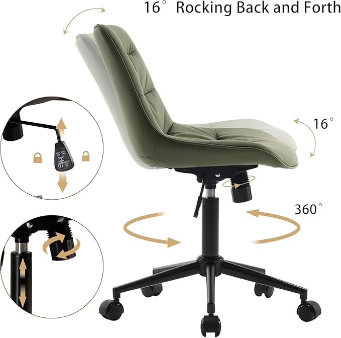 Kidol & Shellder Faux Leather Office Chair, Adjustable Swivel Height Task Chair, Rolling Wheels & Soft Backrest - Armless Ergonomic Desk Chair for Home, Office,Vanity,Gaming（Bean-Green）