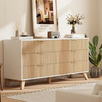 6 Drawer Dresser, 53.43 Inch Fluted Wood Double Dresser with Metal Handles Curved Design Wide Storage Organizer Cabinet Mid Century Modern Chest Dressers for Bedroom Living Room Entryway