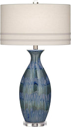Possini Euro Design Annette Modern Style 3-Way Table Lamp with Table Top Dimmer 38" Tall Blue Drip Ceramic Off White Fabric Oval Shade Decor for Living Room Bedroom House Bedside Home
