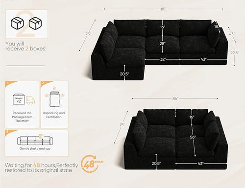 120" Cloud Sectional Couch | Oversize Boneless Couches for Living Room | 4 Seater Modern L-Shape Sofa | Black