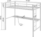 Karl home Twin Metal Loft Bed with Desk, with Power Outlet and LED Lighted, Safety Guardrail & Ladder, Space Saving, No Noise, No Box Spring Needed, White