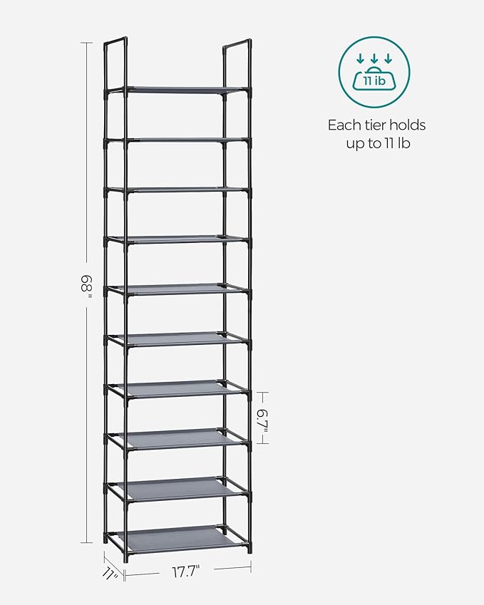 SONGMICS Shoe Rack, 10-Tier Shoe Shelf, Shoe Storage Organizer, 11 x 17.7 x 68 Inches, Metal Frame, Non-Woven Fabric Shelves, for Entryway, Bedroom, Gray ULSH010G01