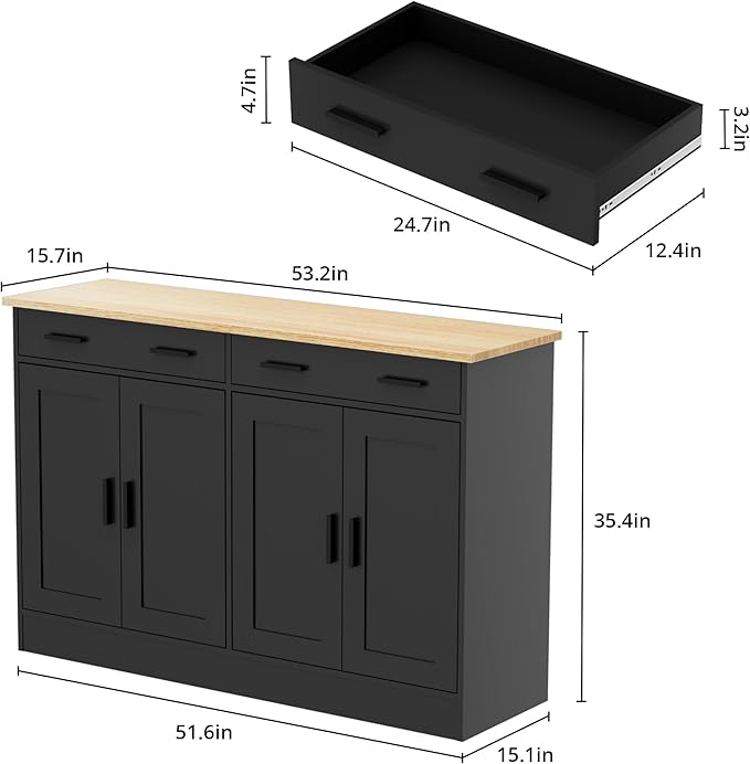 Black Sideboard Buffet with 4 Doors & 2 Drawers, Accent Coffee Bar, Kitchen Cabinet for Living Room, Kitchen or Hallway