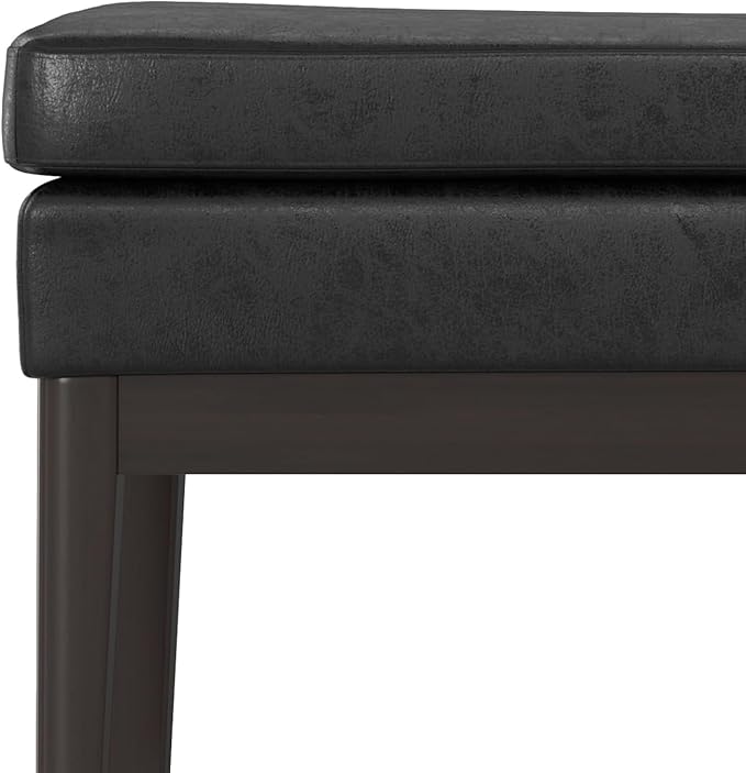 SIMPLIHOME Carlson 45-inch Wide Vegan Faux Leather Ottoman Bench in Distressed Black with Solid Wood Frame for Living Room, Entryway, or Bedroom