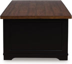Signature Design by Ashley Wildenauer Farmhouse 2-Drawer Lift-Top Coffee Table with 2 Storage Bins Under Top and Casters, Light Brown & Black