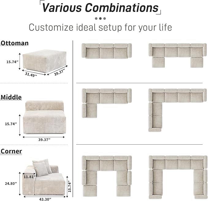 WJShome Oversized Modular Sectional Sofa Couch,4 Seater Corduroy 181.1" Convertible Sofa & Couch Free Combination for Living Room,Beige