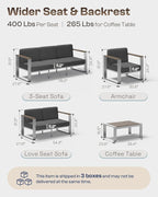 Aluminum Patio Furniture Set, 5 Seats Outdoor Patio Conversation Sets with Ergonomic Seat and Wide Washable Thick Cushions, Modern Outdoor Sectional Furniture for Balcony, Porch (Charocal)