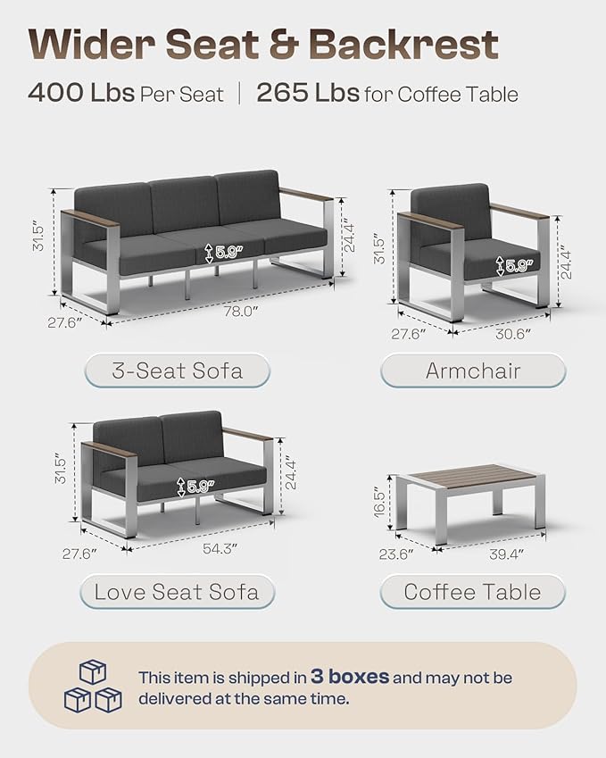 Aluminum Patio Furniture Set, 5 Seats Outdoor Patio Conversation Sets with Ergonomic Seat and Wide Washable Thick Cushions, Modern Outdoor Sectional Furniture for Balcony, Porch (Charocal)