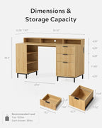 Fluted Executive Desk with Storage Shelf & File Drawer, 55" Modern Wood Office Desk with Monitor Stand & Charging Station, Home Writing Study Computer Table for Work Study, Natural Oak