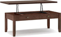 SIMPLIHOME Artisan Coffee Lift Top Table - 46 inch Wide Solid Wood Contemporary Cocktail Table in Russet Brown, Living Room with Hidden Storage Compartment, Open Shelf, and Square Knobs