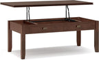 SIMPLIHOME Artisan Coffee Lift Top Table - 46 inch Wide Solid Wood Contemporary Cocktail Table in Russet Brown, Living Room with Hidden Storage Compartment, Open Shelf, and Square Knobs