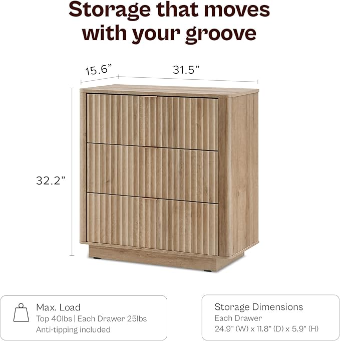 mopio Blake 3 Drawer Dresser for Bedroom, Chest of Drawers, Wood Dresser Organizer, Modern Farmhouse, Tall Night Stand, Enhanced Safety, Sturdy Compliant (1, Oak, One Size)