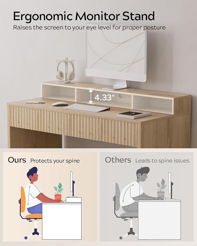 Fluted Executive Desk with Storage Shelf, 47" Modern Wood Home Office Desk with Long Monitor Stand & 2 Drawers, Writing Study Computer Table Vanity Desks, Light Oak