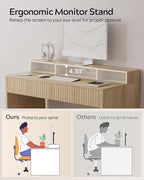 Fluted Executive Desk with Storage Shelf, 47" Modern Wood Home Office Desk with Long Monitor Stand & 2 Drawers, Writing Study Computer Table Vanity Desks, Light Oak