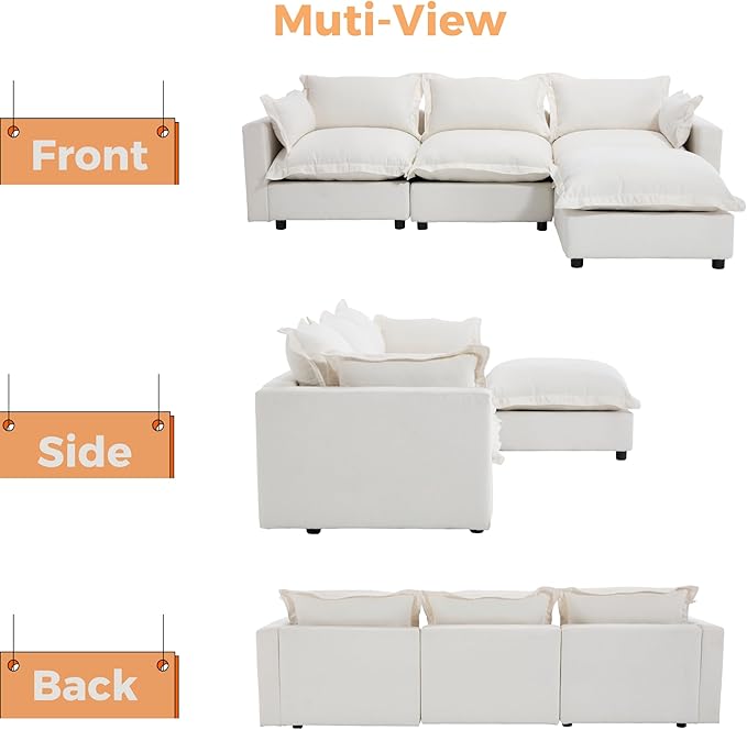 chairus 97" Modular Sectional Sofa with Moveable Ottoman Upholstered Deep Seat Linen Couch Set with Soft Pillows L Shaped Sofa Couch for Living Room, Apartment, Reception Room, 3-Seater/White
