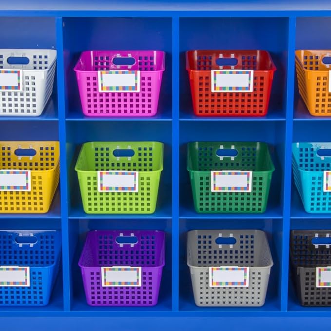 Really Good Stuff Large Plastic Book Baskets, 13.25" by 10" by 5.5" - 12 Pack, Rainbow Color, Classroom Library Organizer, Toy Storage, Multi-Purpose Organizer Basket