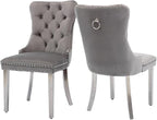 Velvet Upholstered Dining Chairs Set of 2, Modern Style Kitchen Side Chairs with Nailhead Trim and Silver Plated Leg, Metal Pulling Ring for Dining Room Living Room(Gery-Silver Plated Leg)