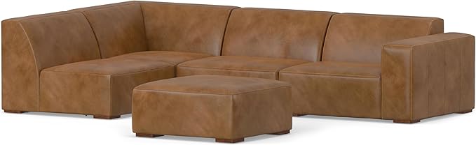 SIMPLIHOME Rex Left Corner Sectional Modular Sofa and Ottoman Set in Full-Grain Genuine Leather, Sienna, 116-inch-wide L-Shaped Leather Sofa and Matching 34-inch-Wide Table Ottoman for Living Room