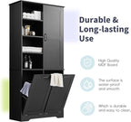 Tall Laundry Cabinet with 2 Tilt Out Hamper, Wood Bathroom Storage Cabinet with Doors and Adjustable Shelves Freestanding (Black)
