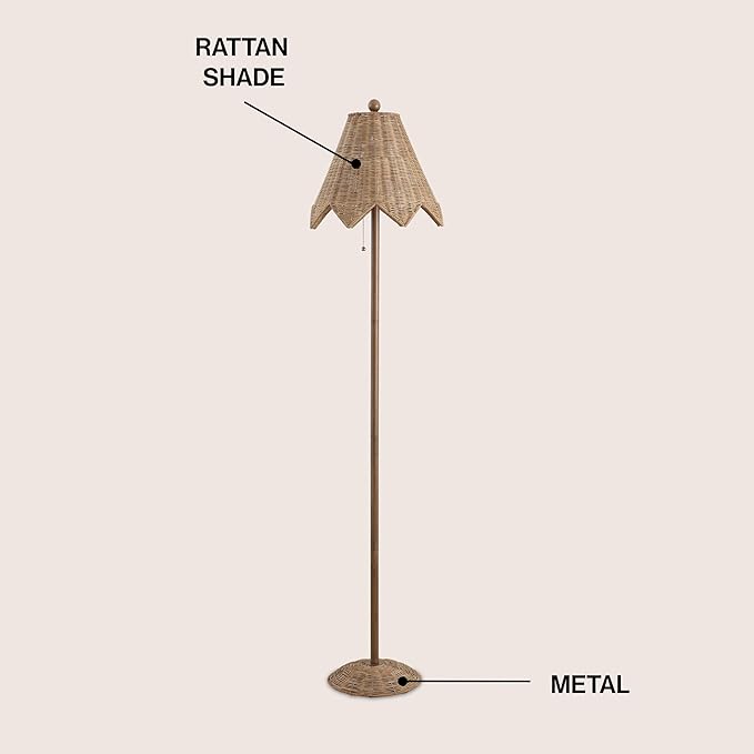 JONATHAN Y JYL5501A Tybee 60.5" Traditional Coastal Rattan Scalloped LED Floor Lamp Minimalist, Shabby Chic, Classic, Cottage, Bedroom, Living Room, Entryway, Office, Dining Room, Natural Brown