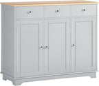 HOMCOM Sideboard with Solid Wood Countertop, Modern Kitchen Storage Cabinet, Coffee Bar Cabinet with 3 Drawers, Doors and Adjustable Shelf, Gray