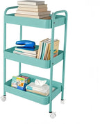 3 Tier Organizer Cart on Wheels, Metal Rolling Storage Cart with Wheels, Mobile Shelving Multifunction Storage Trolley with 4 Hooks fo Laundry Room Bathroom Kitchen Office, Green