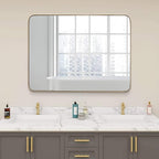 ANDY STAR 36”x48”Gold Bathroom Mirror for Wall, Brushed Brass Metal Rounded Corner Rectangle Mirror, Wall Mirror in Stainless Steel Metal Frame, 1”Deep Set Design Hangs Horizontal Or Vertical