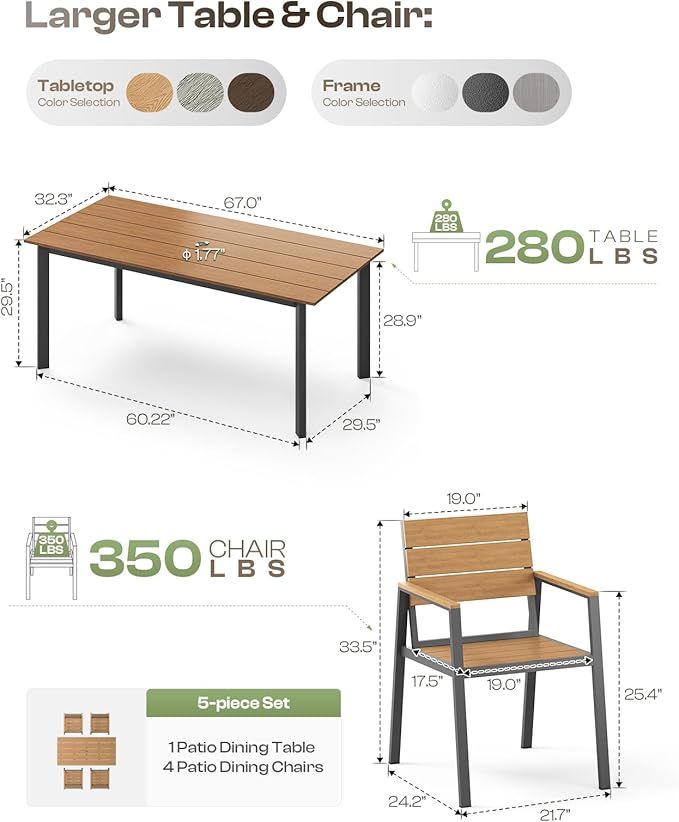HDPS Outdoor Patio Dining Chairs Set of 2, 350LBS Capacity Aluminum Patio Dining Chairs with Armrests, Weather-Resistant for Lawn, Garden, Yard, Poolside and Indoor Use, Gray & Teak
