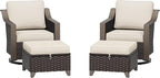 Patio Metal Swivel Chairs with Ottomans Set of 2, Conversation Furniture Set - 360 Degree Glider Rocker Chairs | 2 Wicker Ottomans, Washable Cushions (Beige and Brown Stripe)