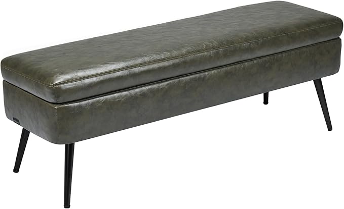 VEVOR Leather Storage Ottoman Bench, PU Leather Bench with Storage and Metal Legs, Modern Shoe Benches Seat for Entryway, Upholstered End of Bed Benches for Living Room, Dining Room, Hallway, Green