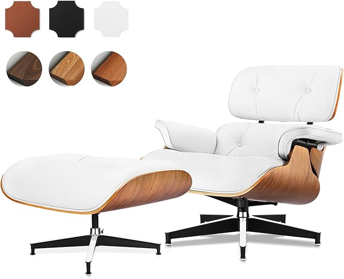 Top Grain Leather, Mid Century Chaise Lounge Chair and Ottoman, Modern Chair Classic Design, Heavy Duty Base Support for Living Room Study Lounge Office, Walnut-White, Heightening