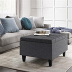 SIMPLIHOME Harrison 34 inch Wide Transitional Rectangle Small Coffee Table Storage Ottoman in Slate Grey Linen Look Fabric, Assembled, for the Living Room and Bedroom