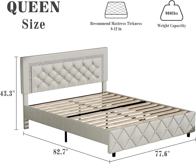 BarnFurin Queen Bed Frame with Diamond Tufted Headboard, Faux Leather Upholstered Bed with Wooden Slats Support, No Box Spring Needed, Mattress Foundation, Easy Assembly, Cream
