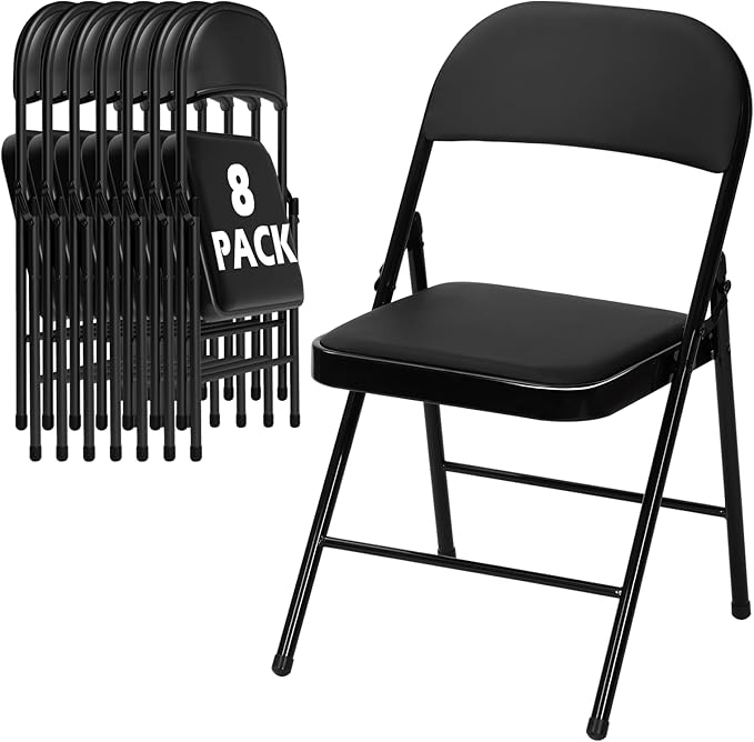 8 Pack Black Folding Chairs with Padded Cushion for Outside, Portable Stackable Commercial Metal Foldable Chairs with Steel Frame for Home Events Office Wedding Party, 350lbs Capacity