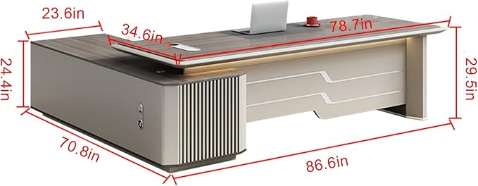 86IN Executive Office Desk - Large Office Desk L Shaped Computer Desk with 2 Drawers & Grille Design | Thickened Countertop & Large Capacity Side Cabinet Storage & Metal Cabinet Handle