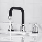 WOWOW Black and Chrome Bathroom Sink Faucet, Widespread Bathroom Faucet 3 Hole Vanity Tap 8 Inch Bathroom Tap with Pop Up Drain Assembly & cUPC Supply Lines, 2 Handle Basin Faucet Modern