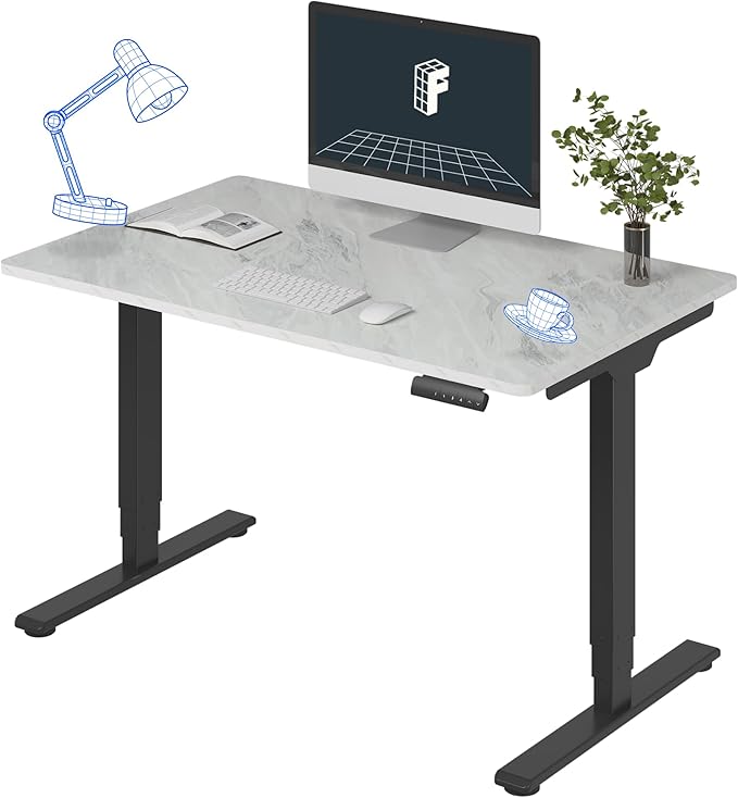 FLEXISPOT E6 3 Stages Dual Motor Electric Standing Desk 48x30 Inch Whole-Piece Board Height Adjustable Electric Sit Stand Desk(Black Frame + Marble Grey Desktop, 2 Packages)
