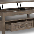 SIMPLIHOME Lev Lift Top Coffee Table - 48 inch Wide Solid Wood Rectangle Living Room Table in Smoky Brown, Transitional Cocktail Table for Family Room with Hidden Storage and Open Shelf
