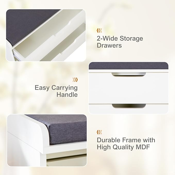 MFSTUDIO Large Shoe Storage Bench, White Wood Shoe Entryway Bench with Seating Padded Cushion, 2 Drawers, Freestanding Shoe Rack Organizer for Entryway Hallway Living Room, Grey Cushion