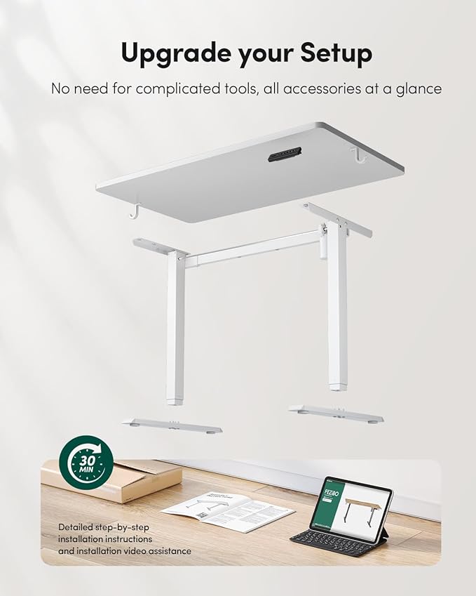 FEZIBO One-Piece Standing Desk Adjustable Height Stand up Home Office Desk, 48x24 Inch Electric Standing Computer Desk, with 4 Memory Presets, Headphone Hook, White