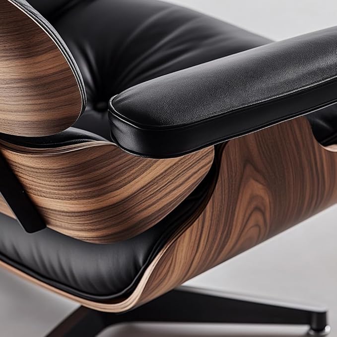 Top Black Grain Leather, Mid Century Chaise Lounge Chair and Ottoman, Modern Chair Classic Design, Walnut Wood, Heavy Duty Base Support for Living Room Office